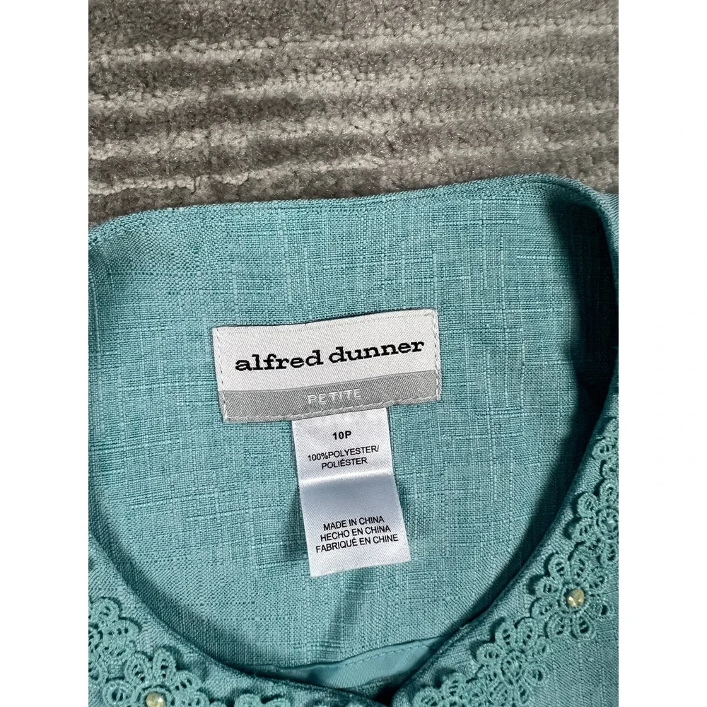 Alfred Dunner Jacket Women 10P Turquoise Blue Open Front Crochet Lace Beaded 3/4